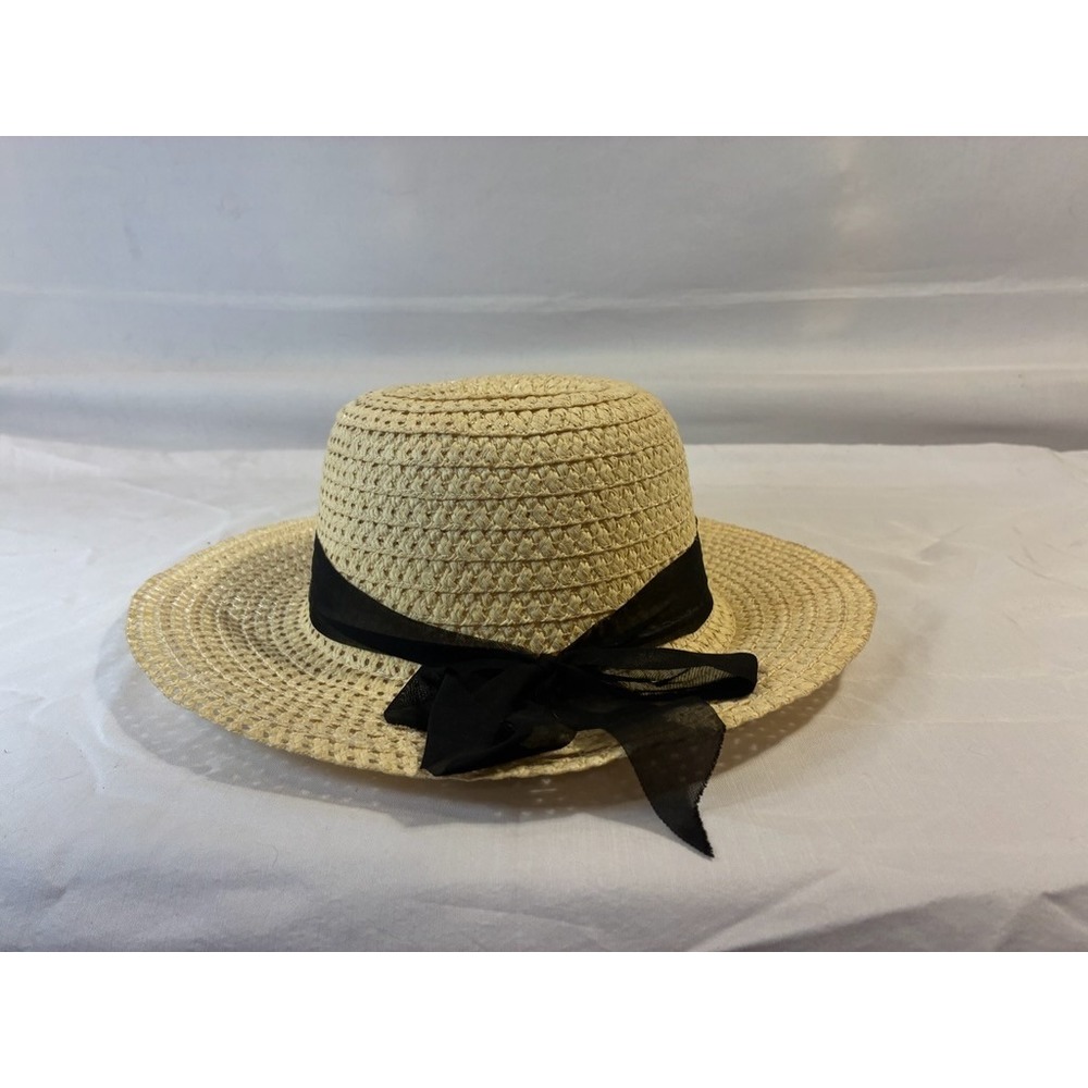 Straw Sun Hat Women Wide Brim Black Ribbon Bow Beach Vacation Pool Summer Travel